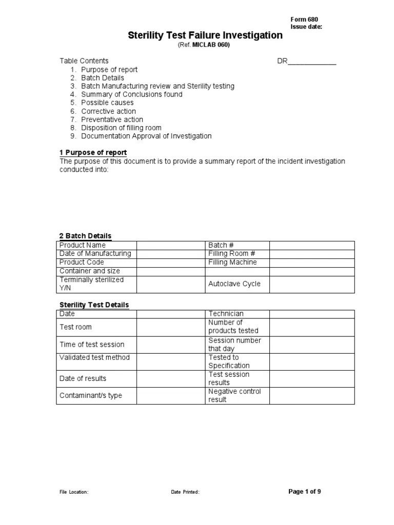 Sterility Test Failure Investigation Form Sterilization (Microbiology