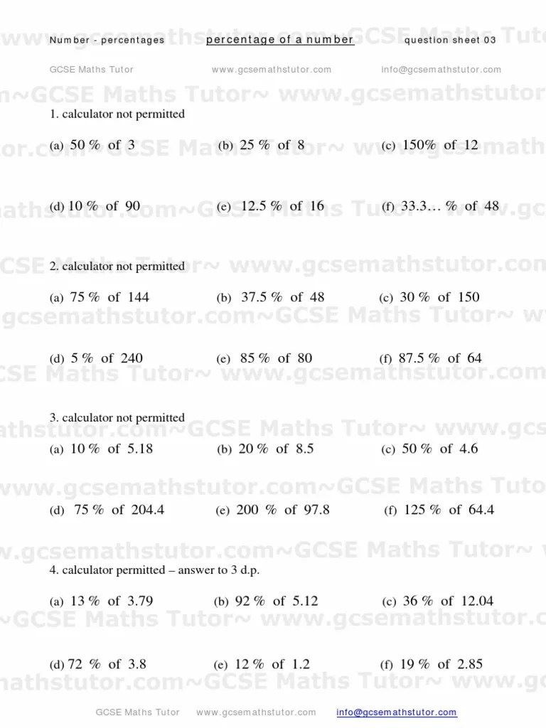 Percentages Percentage of A Number Worksheet From GCSE