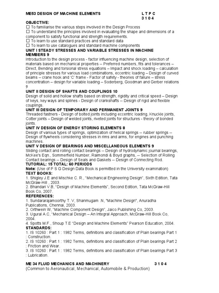 Me53 Design of Machine Elements L T P C PDF Fluid Mechanics Pump
