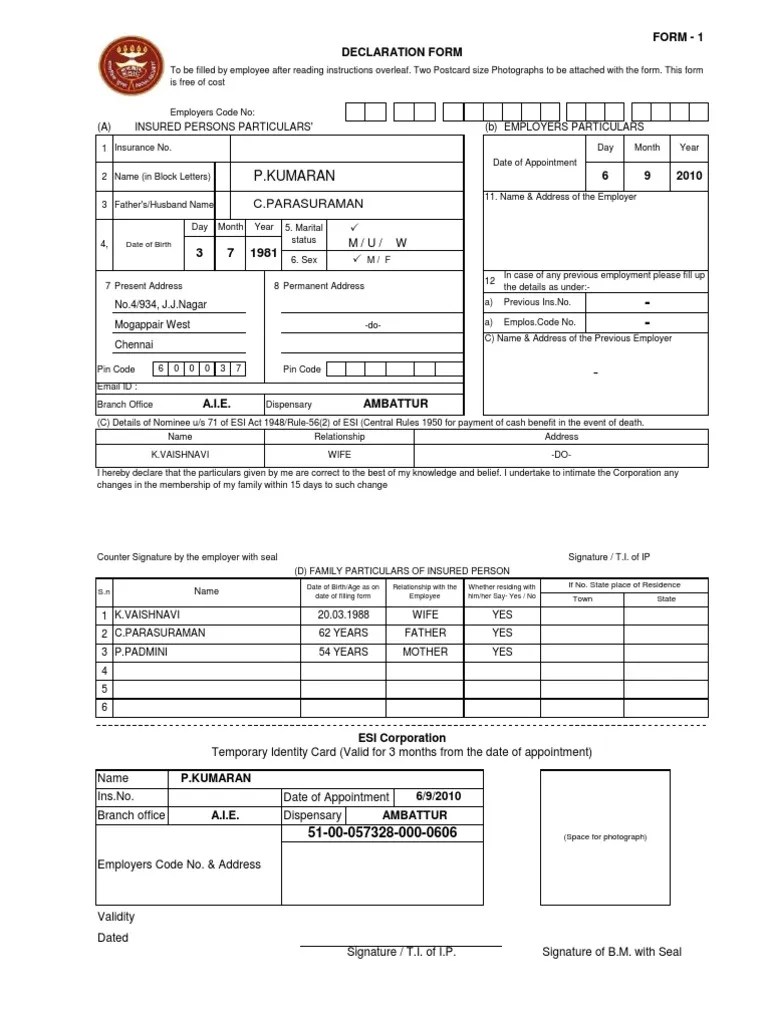 ESI Declaration Form1 | Identity Document | Justice