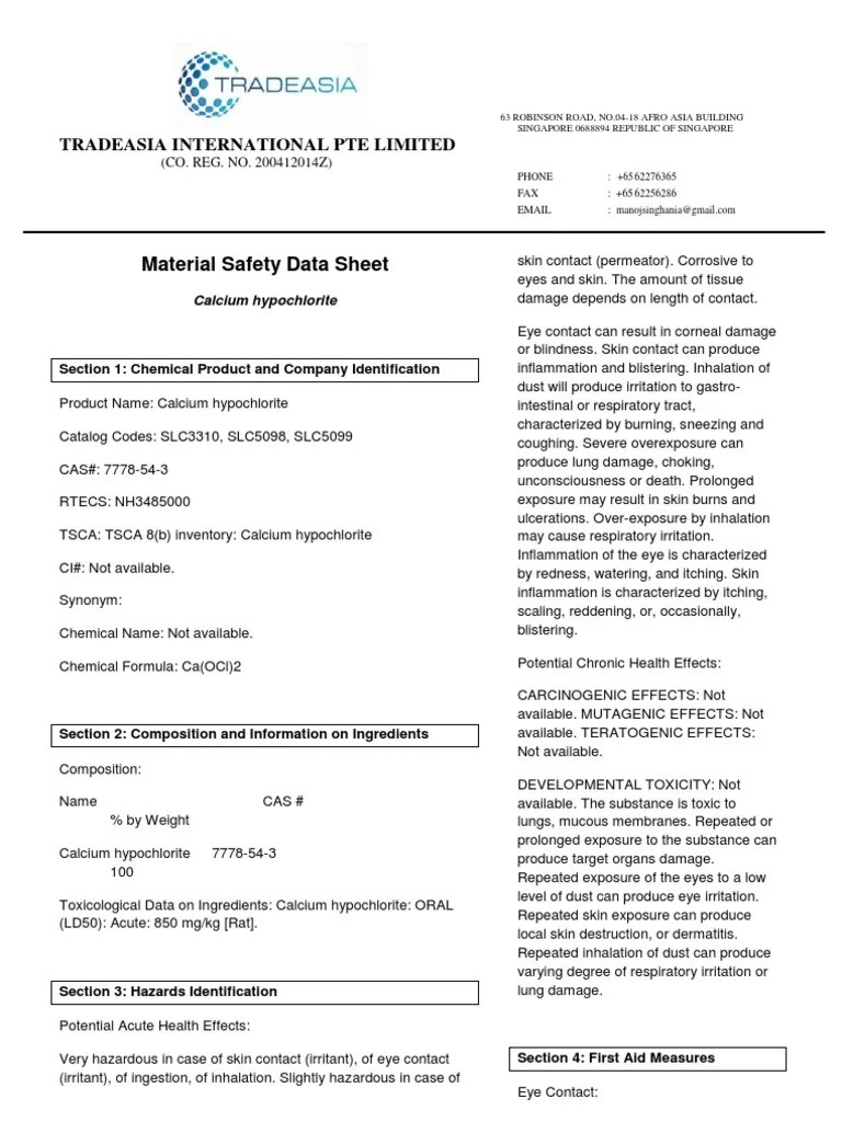 Calcium Hypochlorite MSDS Toxicity Corrosion