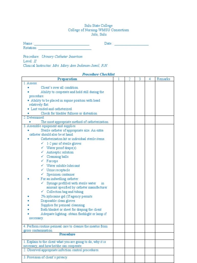 Catheterization Checklist Catheter Urology