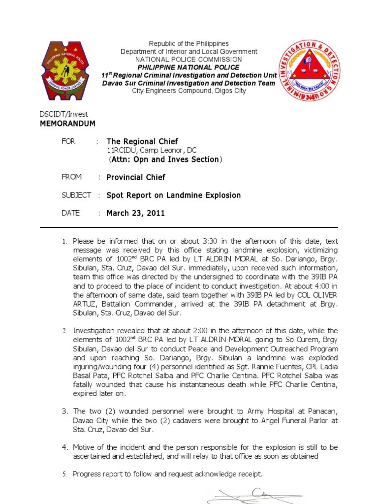 Spot Report Landmine Explosion