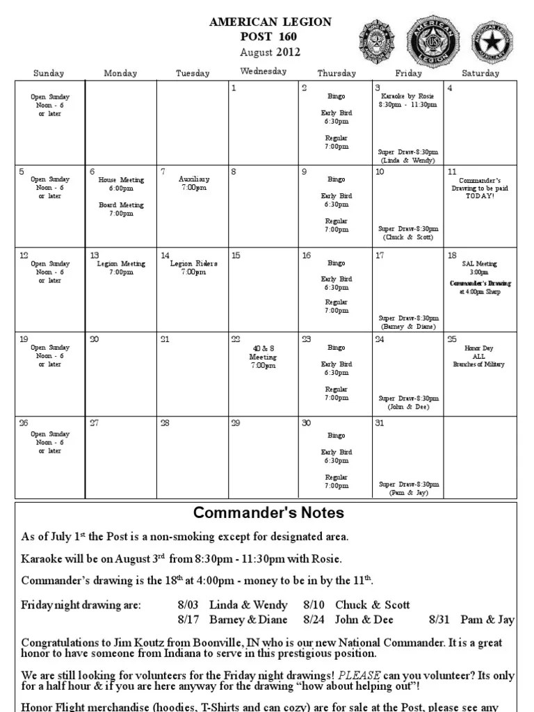 August Events at American Legion Post 160 | PDF