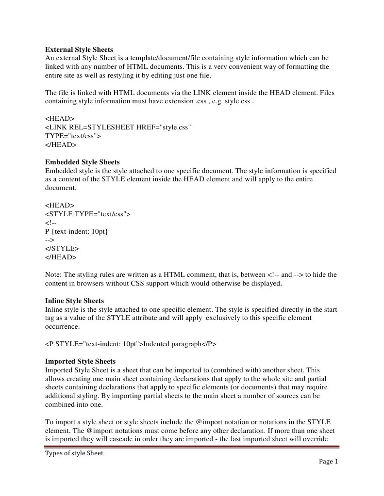 Types of Style Sheets PDF