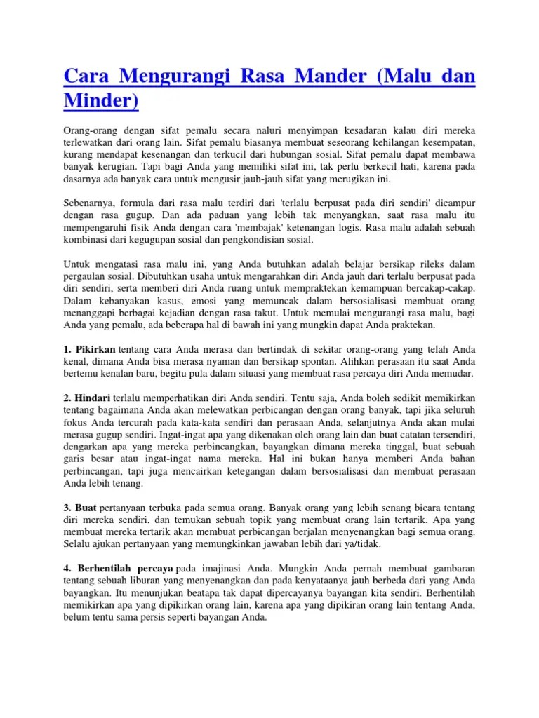 Cara Mengurangi Rasa Mander (Malu Dan Minder) | PDF