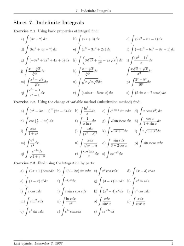 Sheet 7. Indefinite Integrals Mathematical Analysis