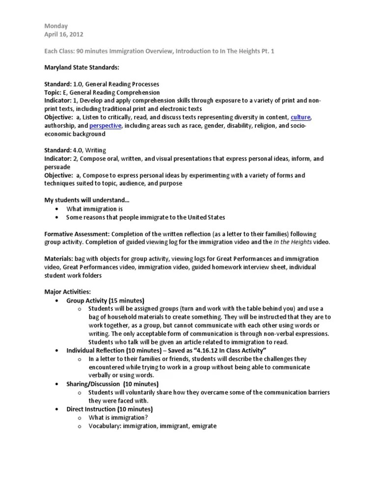 "In The Heights", 5th Grade Language Arts Unit, Day 1 Lesson Plan PDF Reading Comprehension