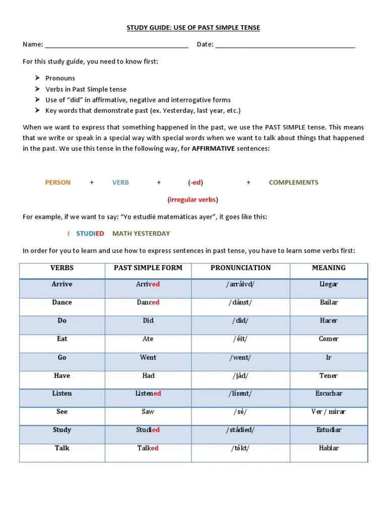Study Guide Past Simple Grammatical Tense Verb Free 30day Trial