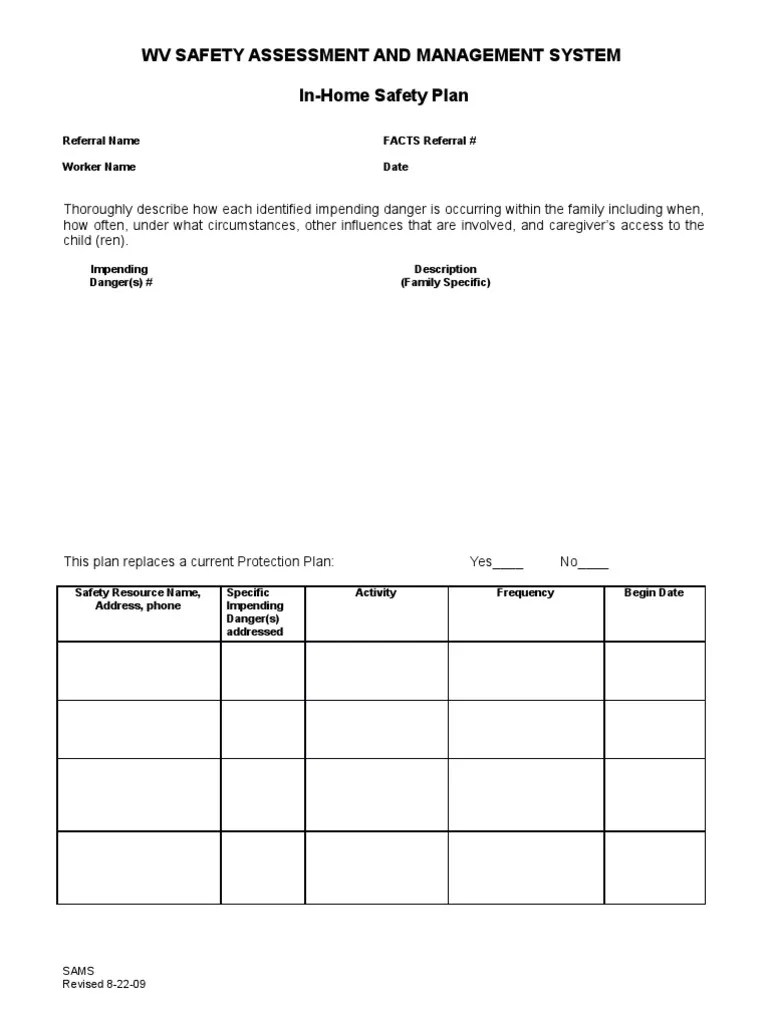 West Virginia CPS - In-Home Safety Plan - Rev 2009 | Safety | West Virginia