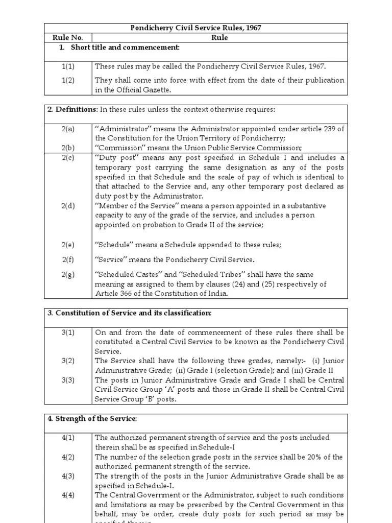 Pondicherry Civil Service Rules 1967 Ss1 PDF Probation Civil Service