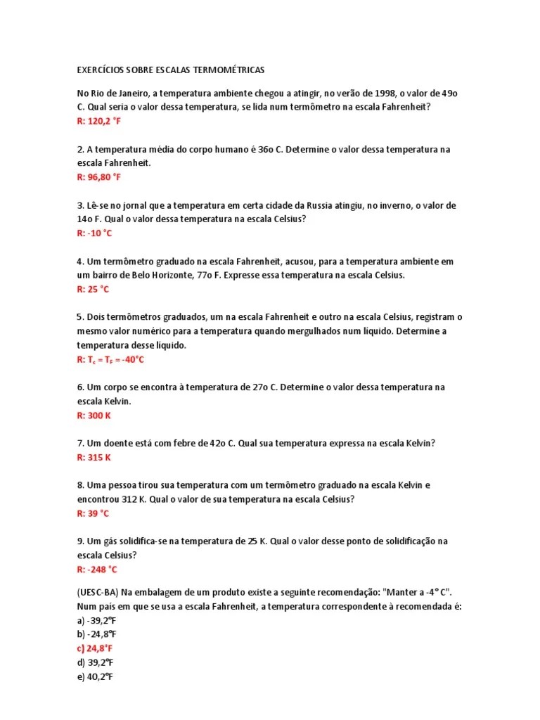 EXERCÍCIOS SOBRE ESCALAS TERMOMÉTRICAS Celsius Temperatura