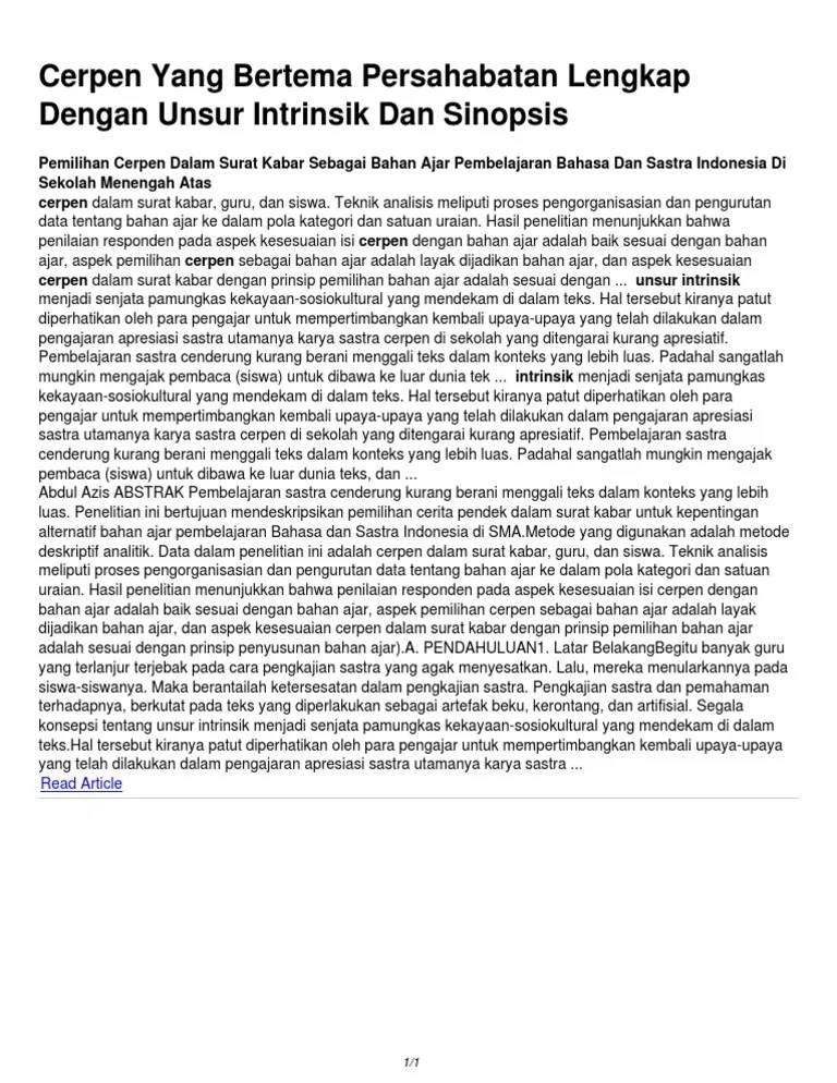 Cerpen Yang Bertema Persahabatan Lengkap Dengan Unsur Intrinsik Dan Sinopsis  | PDF