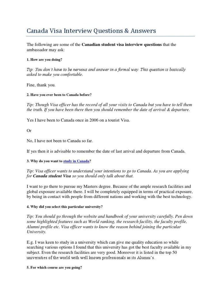 Canada Visa Interview Questions PDF H 1 B Visa