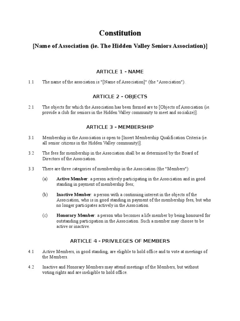 Constitution for an Unincorporated NonProfit Association Board Of