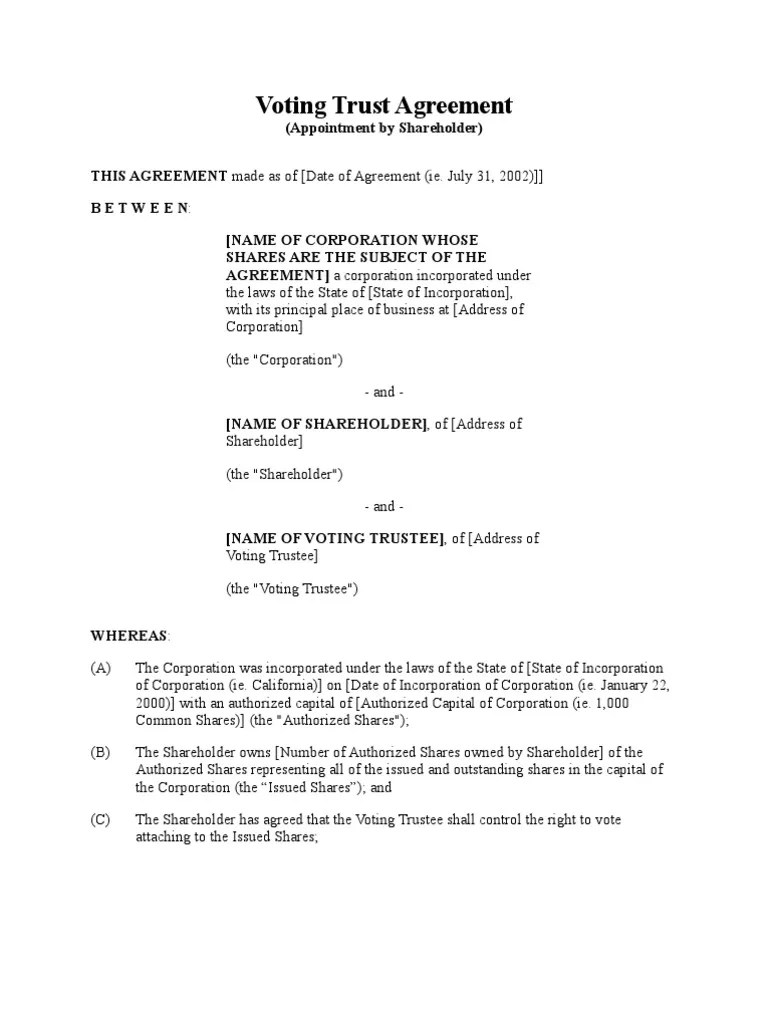 Voting Trust Agreement (Appointment by Shareholder) Corporations