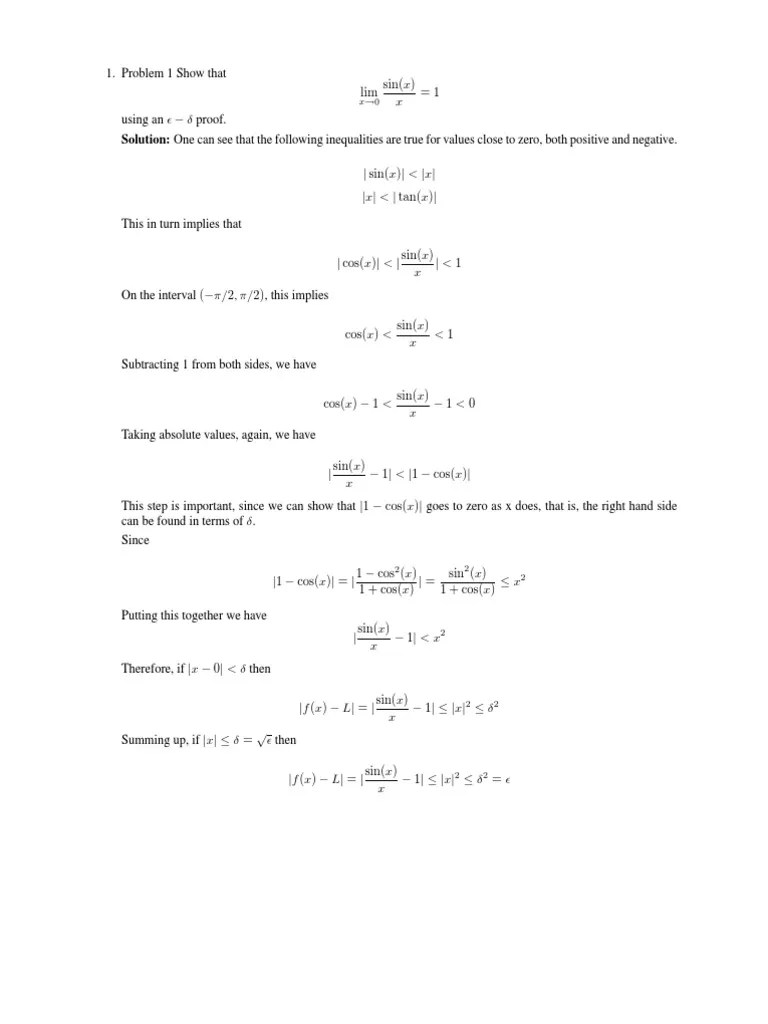 Epsilon Delta Proof of Sinx Over x Inequality (Mathematics