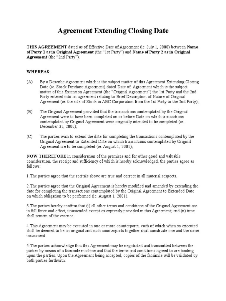 Agreement Extending Closing Date PDF Contractual Term Civil Law