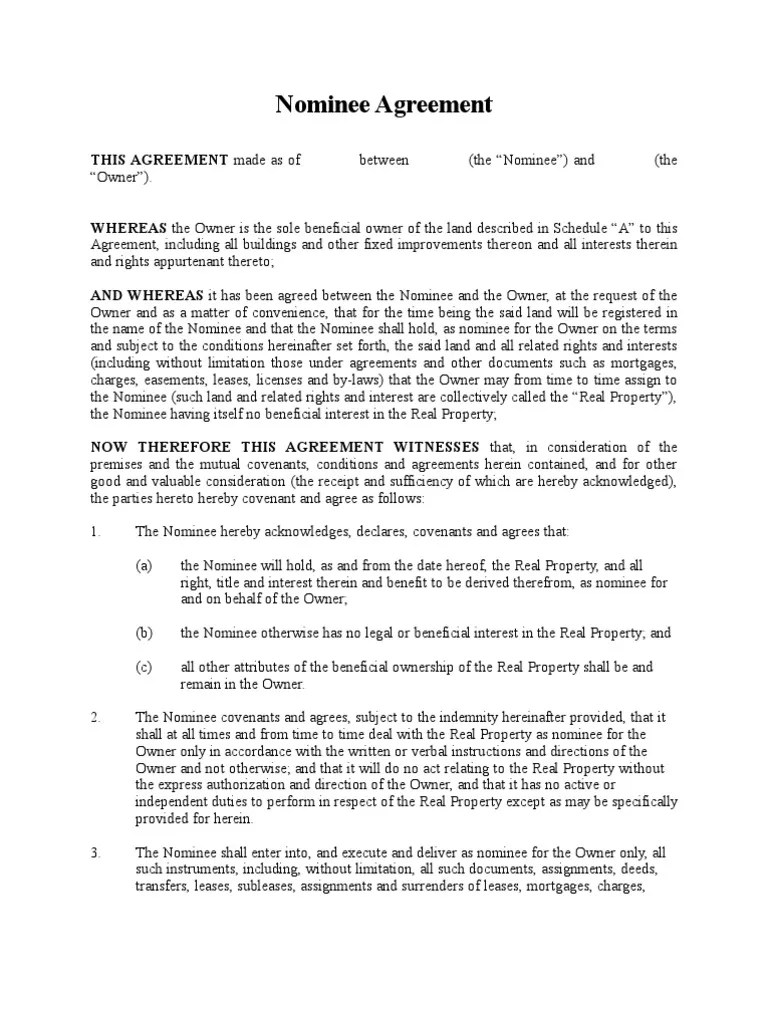 Nominee Agreement PDF Ownership Property