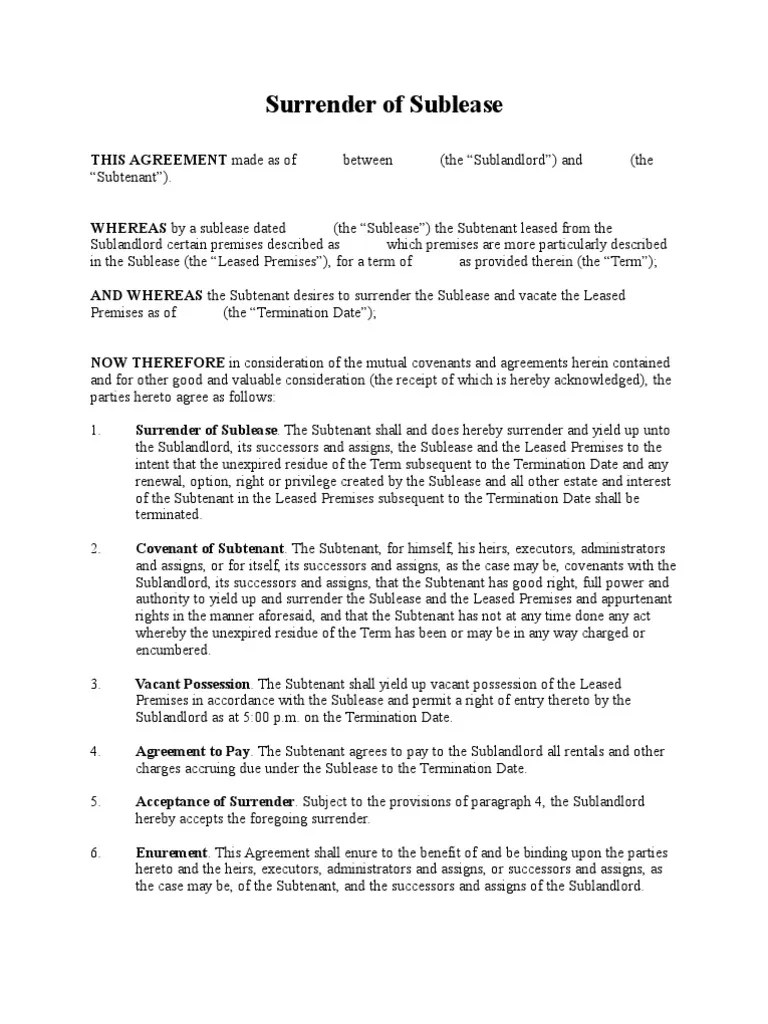 Surrender of Sublease Real Property Law Lease