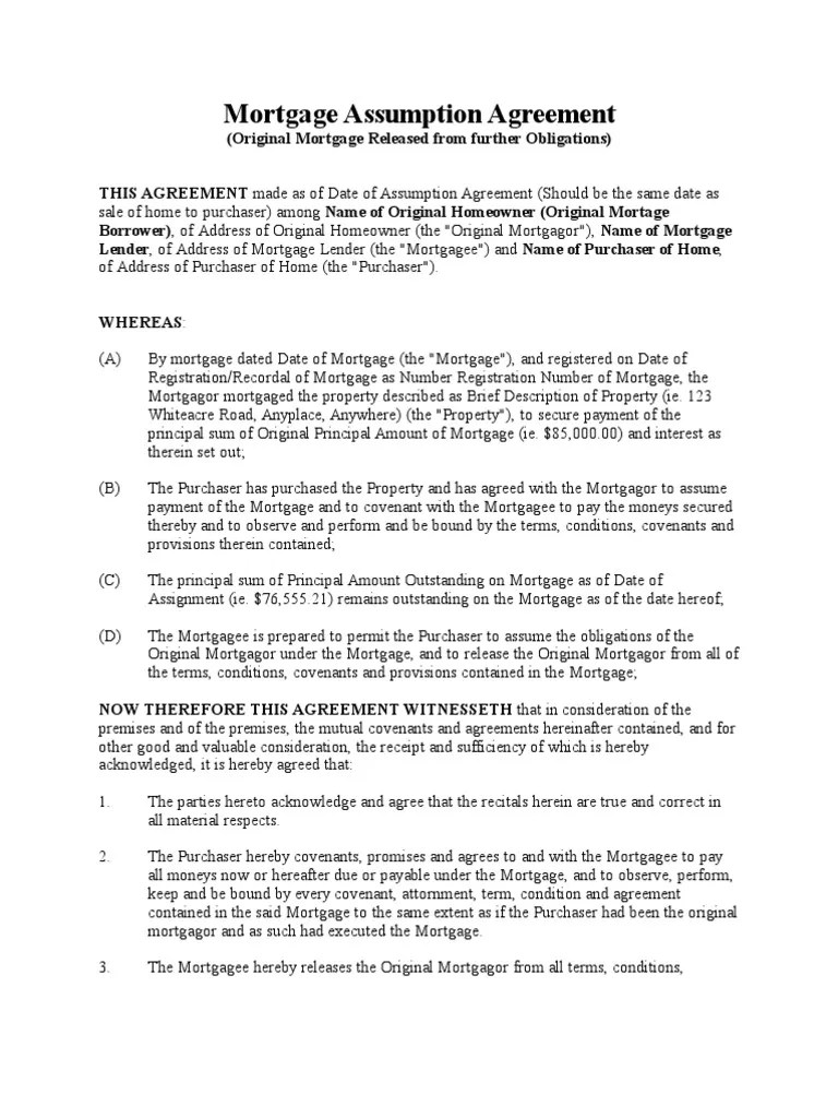 Mortgage Assumption Agreement (Original Mortgage Holder Released from