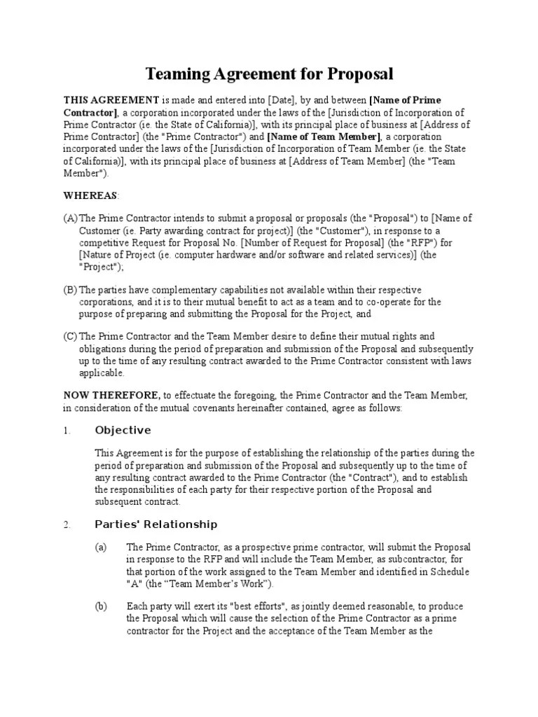 Teaming Agreement for Proposal Trade Secret Trademark