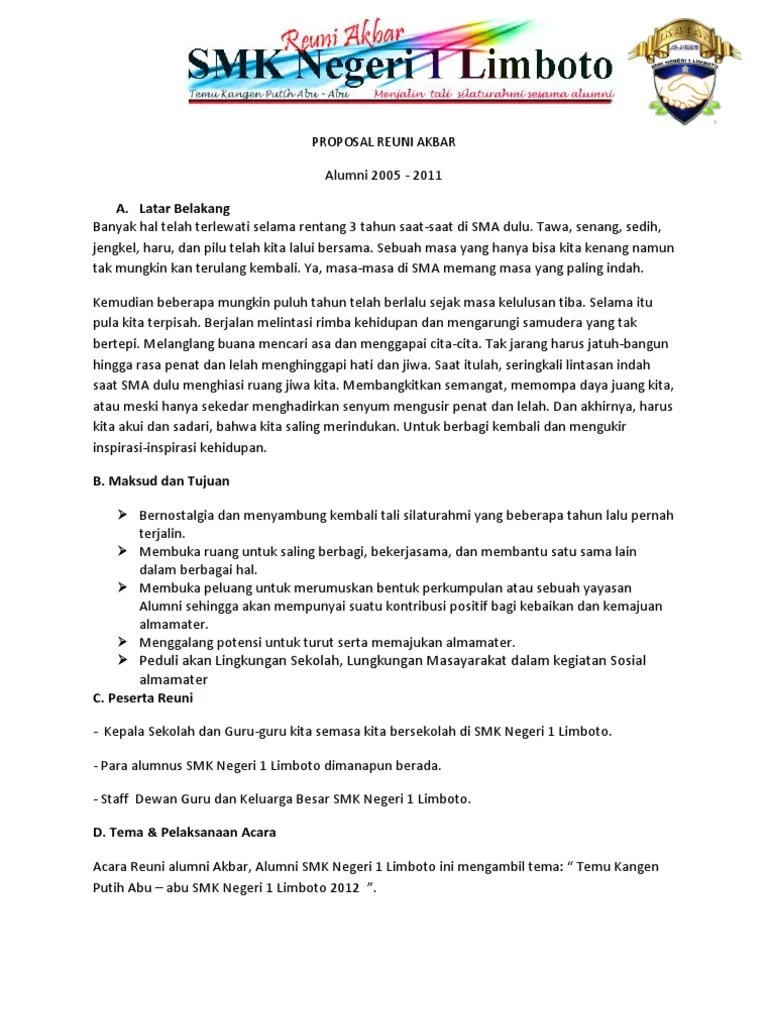 Contoh proposal kegiatan sekolah, osis, pramuka, rohis, pentas seni, festival musik, lomba futsal, olahraga, kerja bakti, gotong royong, karang taruna, bakti sosial, seminar, reuni akbar, tabligh akbar. Proposal Reuni Akbar
