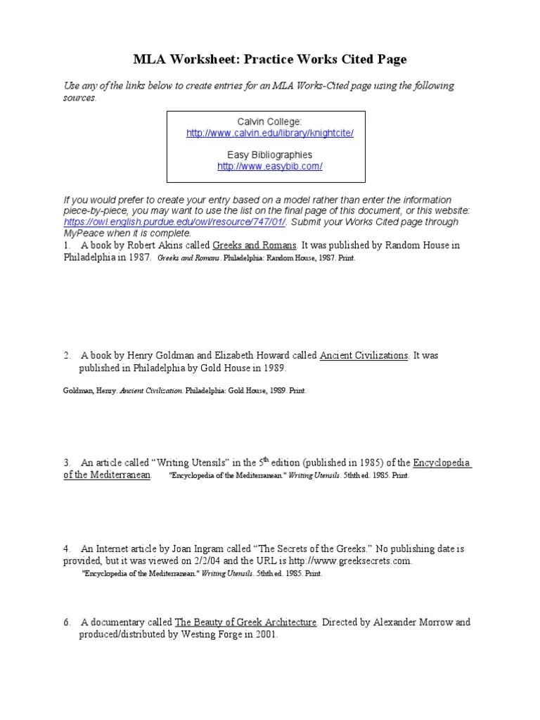 Mla Citation Practice Worksheets With Answers