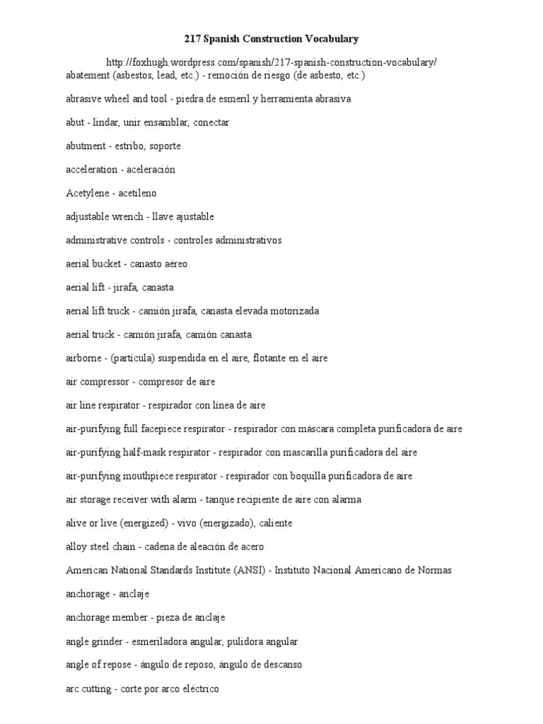 217 Spanish Construction Vocabulary Equipo Bienes manufacturados