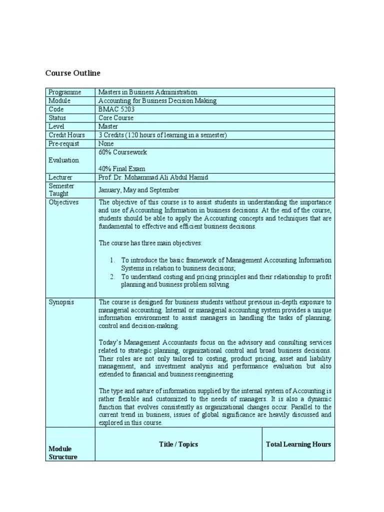 Bmac5203 Accounting for Business Decision Making (Outline) Management