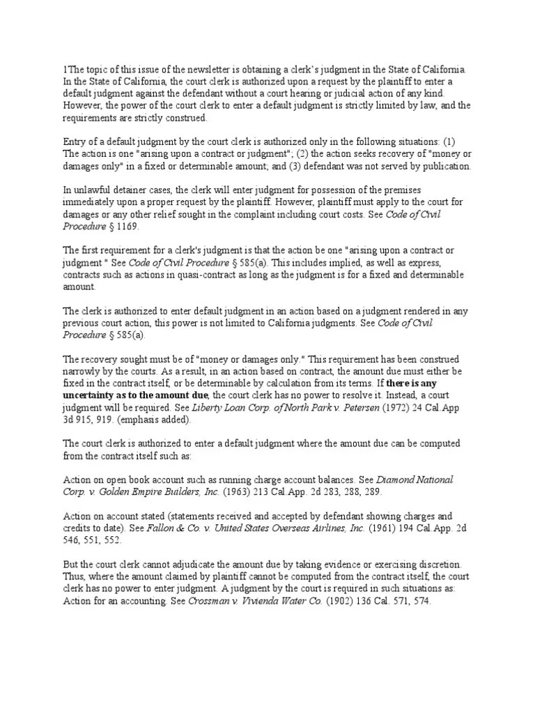 Obtaining A Default Clerk's Judgment in California PDF Default