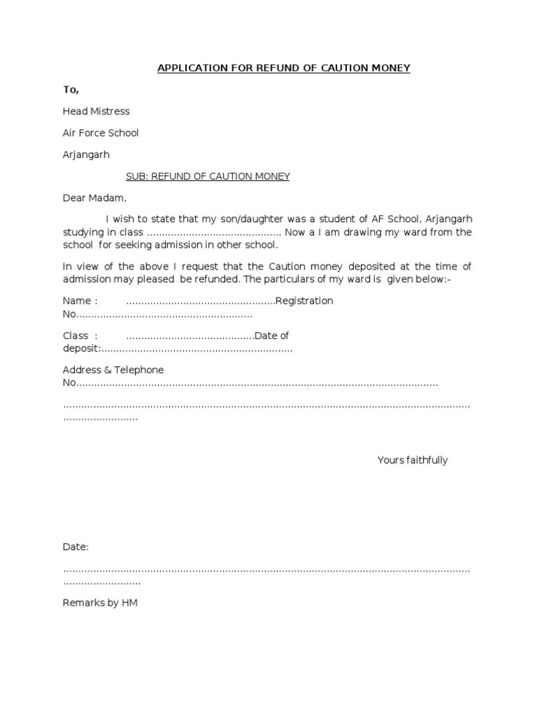 Application for Refund of Caution Money