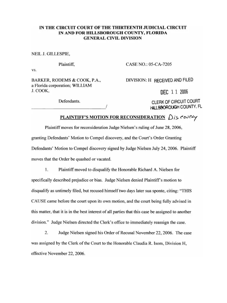 Motion For Reconsideration, Discovery Sanctions, 05CA7205, Dec112006 PDF Discovery (Law