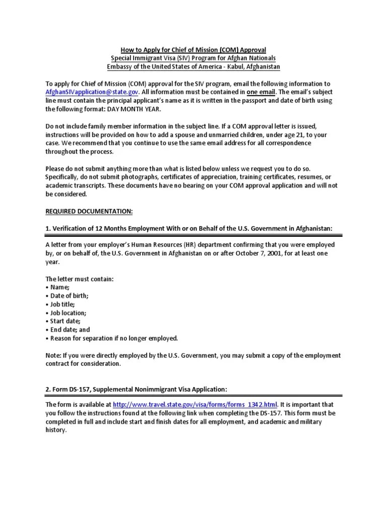 Afghan SIV Guidelines and DS 157 Instructions | PDF | Travel Visa