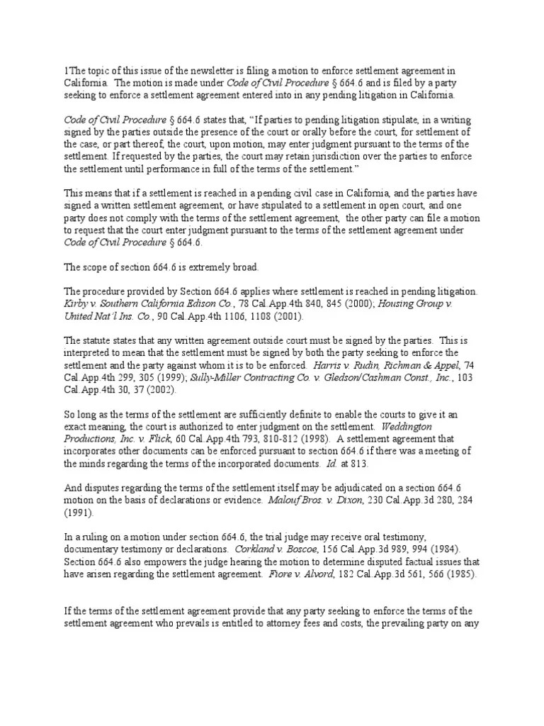 Motion To Enforce Settlement Agreement in California PDF Settlement