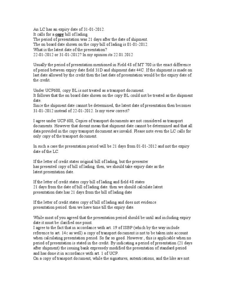 An LC Has An Expiry Date of 31 PDF Letter Of Credit Contractual Term