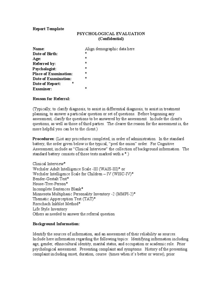 Report Template Psychological Evaluation Wechsler Adult Intelligence Scale
