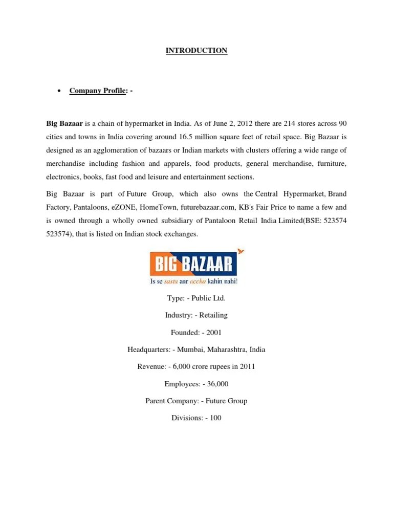 Synopsis Big Bazaar Customer Satisfaction PDF Customer