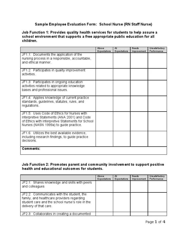 Sample RN Staff School Nurse Evaluation Form Final 10 6 2011 Nursing