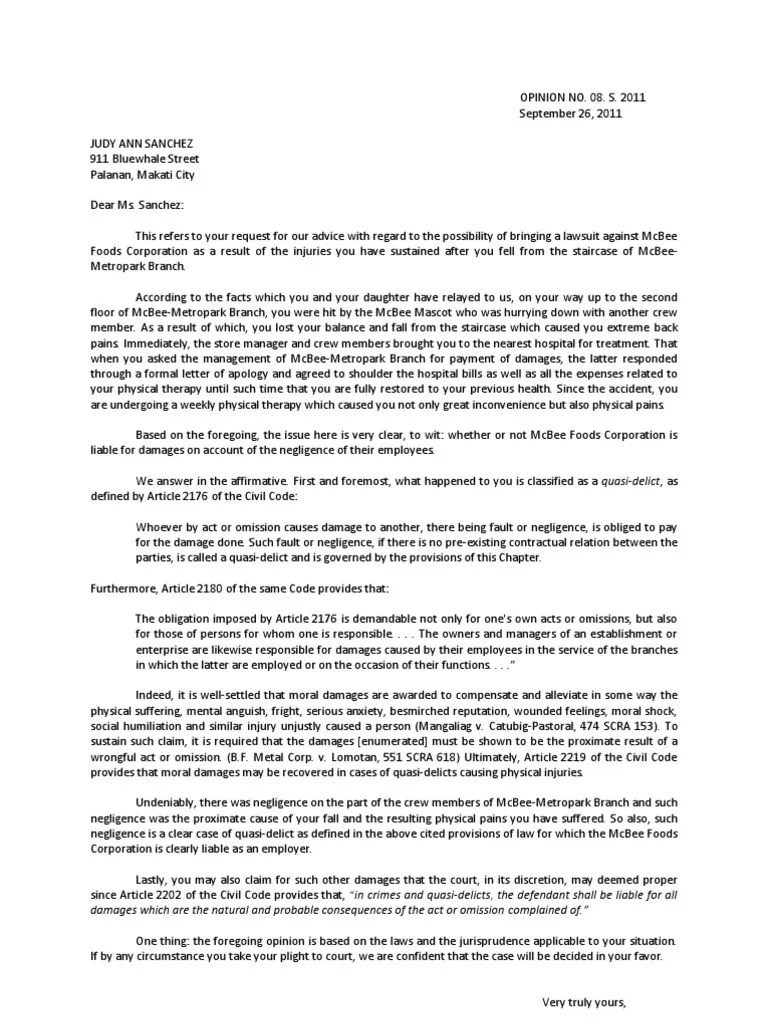 Sample Legal Opinion 3 Negligence Damages