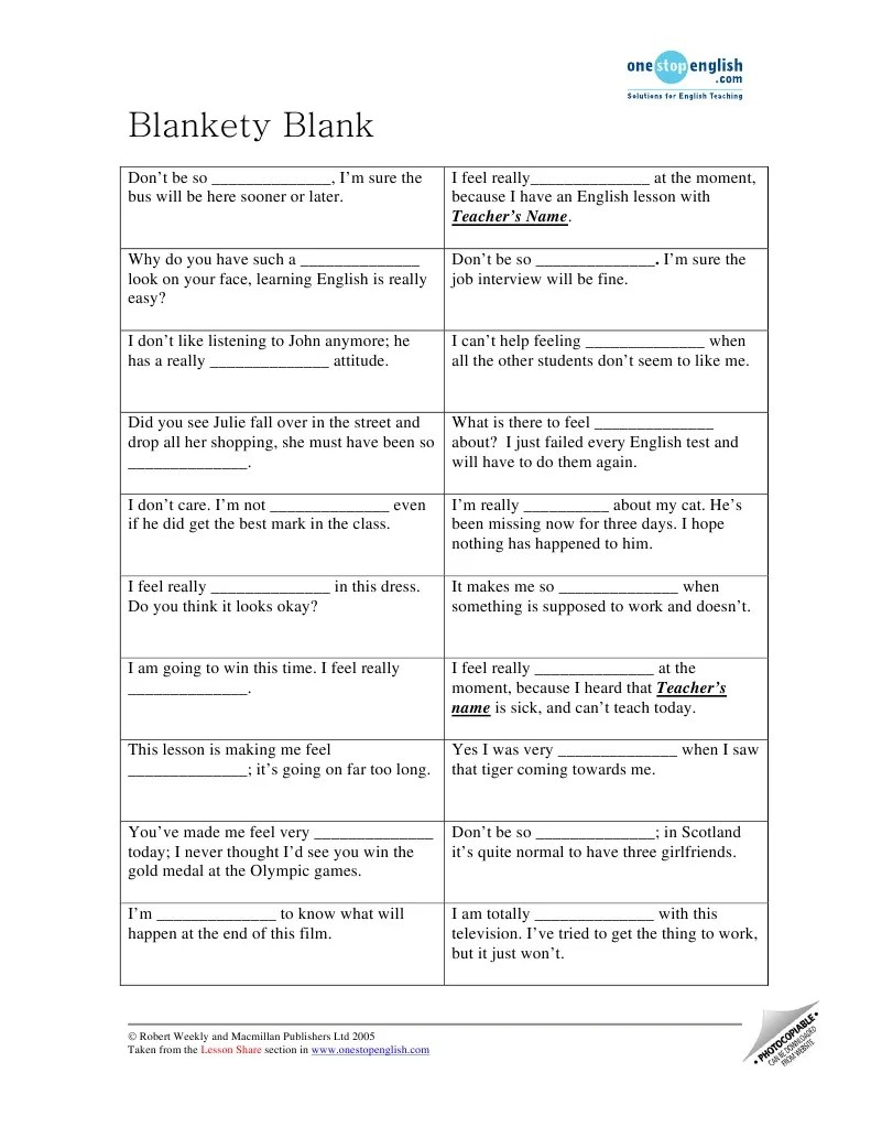 Blankety Blank Worksheet Leisure