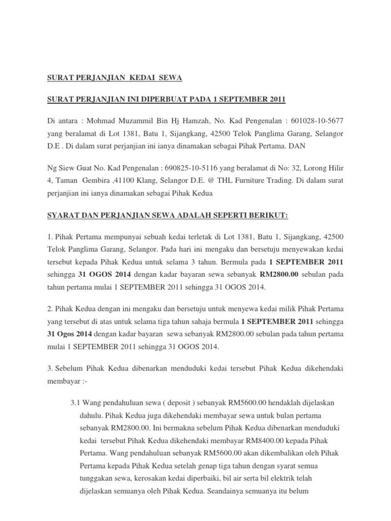 Contoh Surat Perjanjian Sewa Kedai Atau Rumah