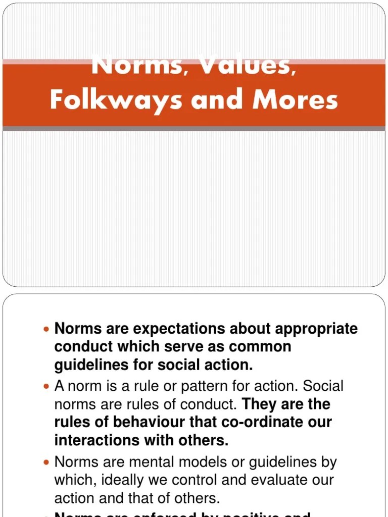 Norms, Values, Folkways and Mores Norm (Social) Value (Ethics)