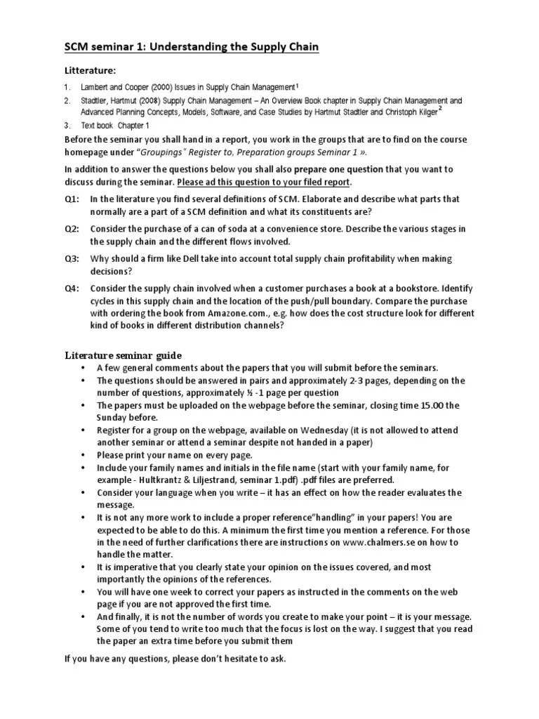 SCM Seminar 1 Understanding the Supply Chains Study Questions