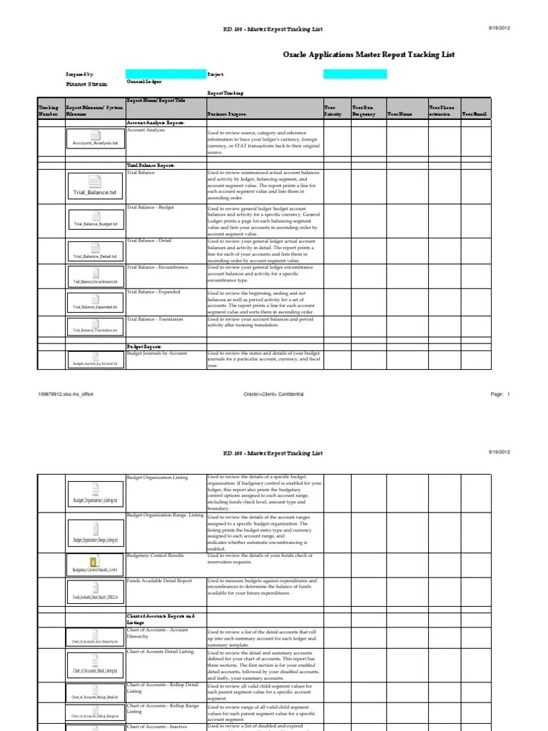 R12 RD040 Report Master Tracking List GL v1 Debits And Credits