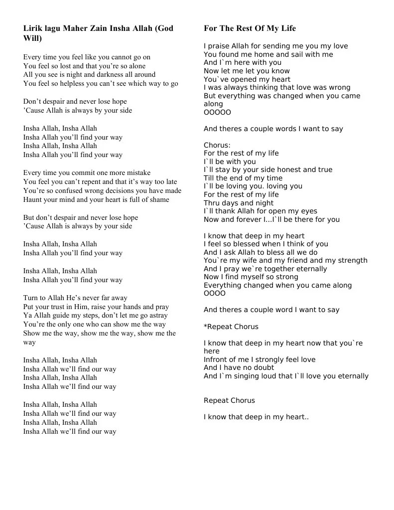 Lirik Lagu Maher Zain Insha Allah Prophets And