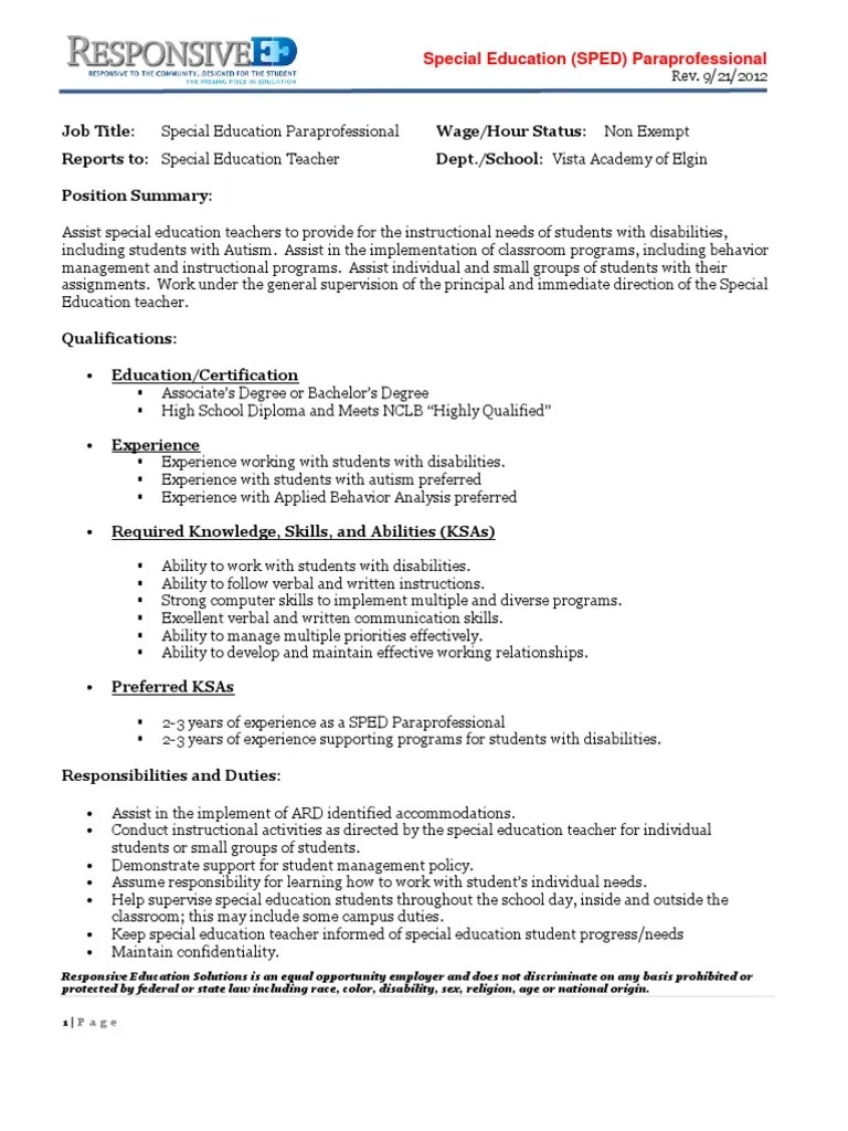 Special Education Paraprofessional Job Description for Elgin Special
