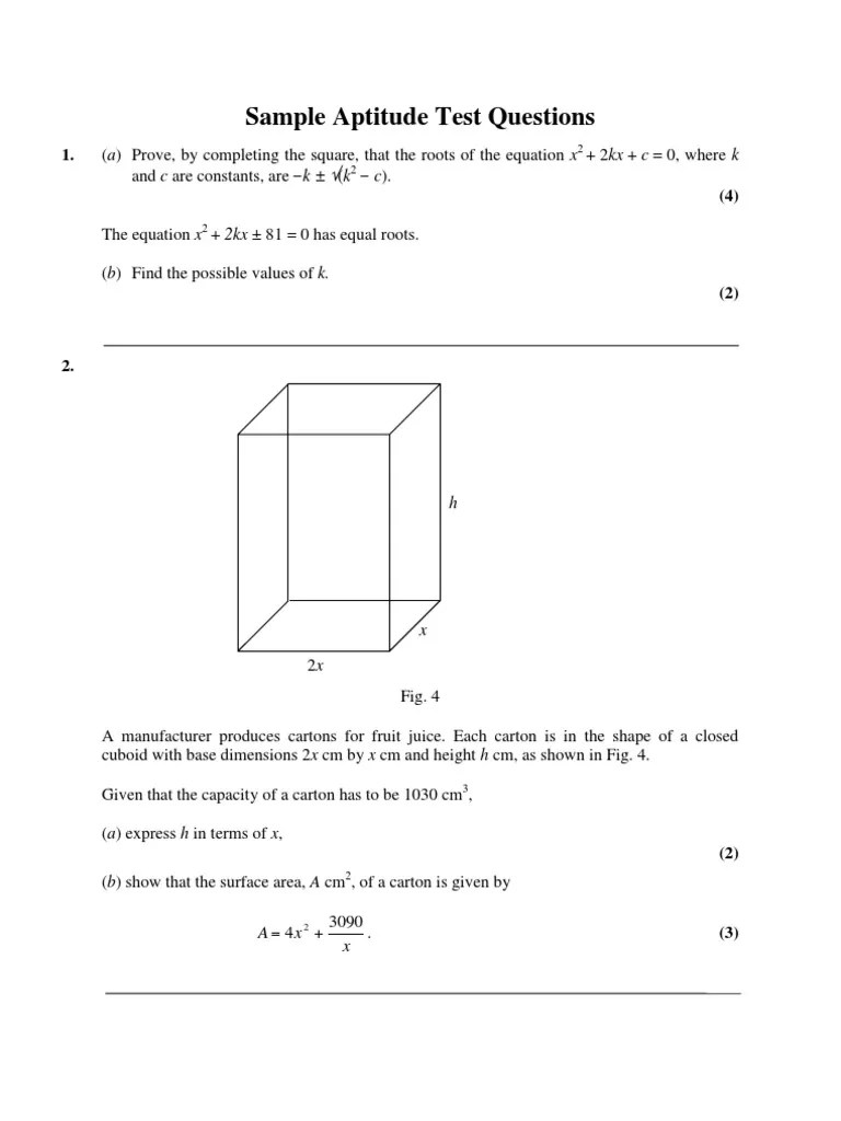 Sample Aptitude Test Questions Line (Geometry) Equations