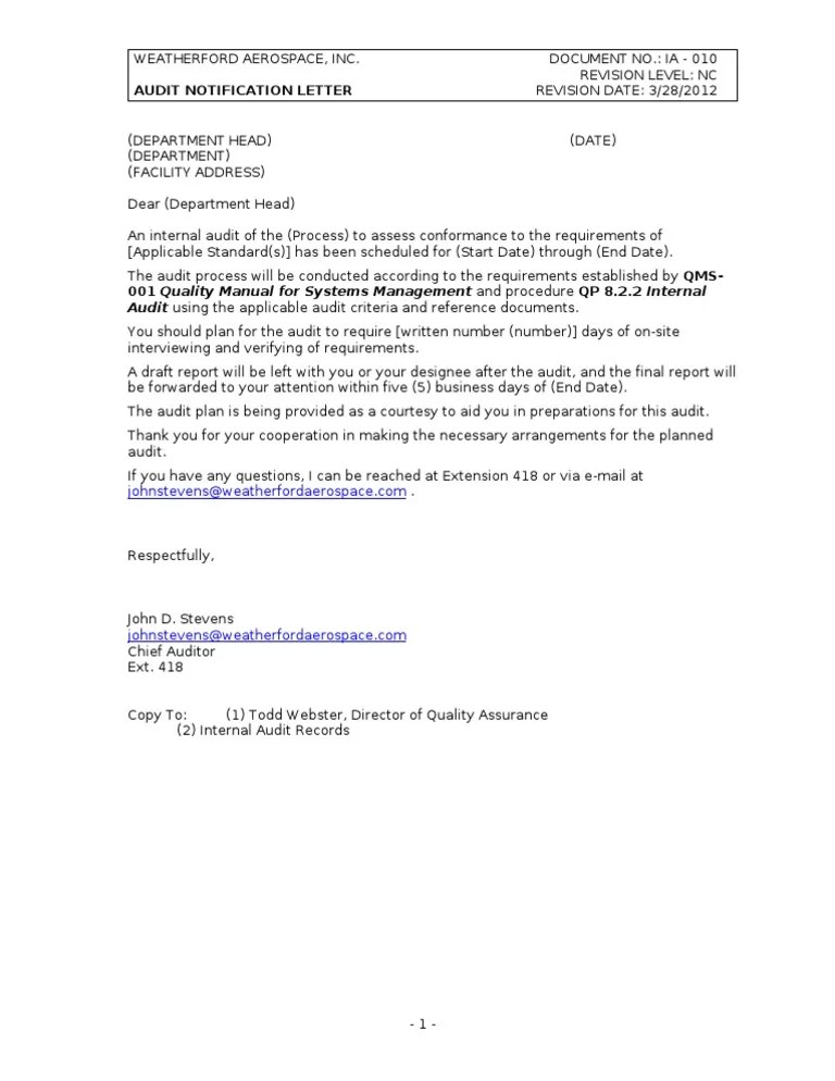 Get Internal Audit Notification Letter Sample Online PDF DOC Printable