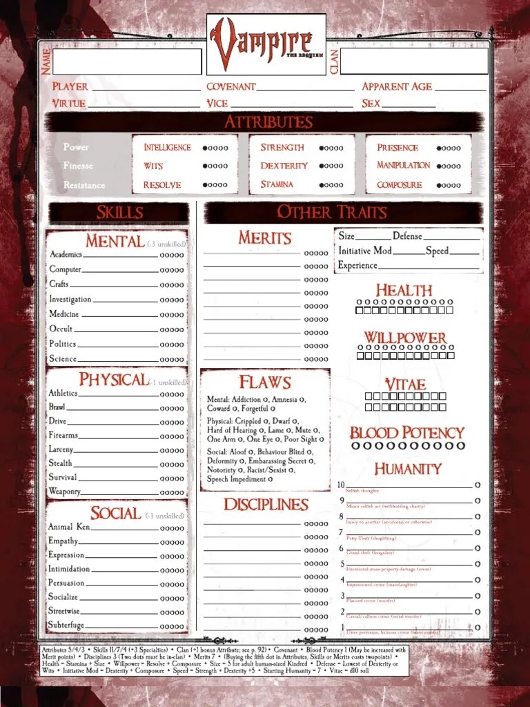 Vampire: The Requiem Custom 2-Page Character Sheet